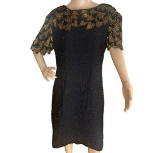 Silky Nites Black Gold Beaded Silk Dress QS Vintage Evening Party (fits l/xl)